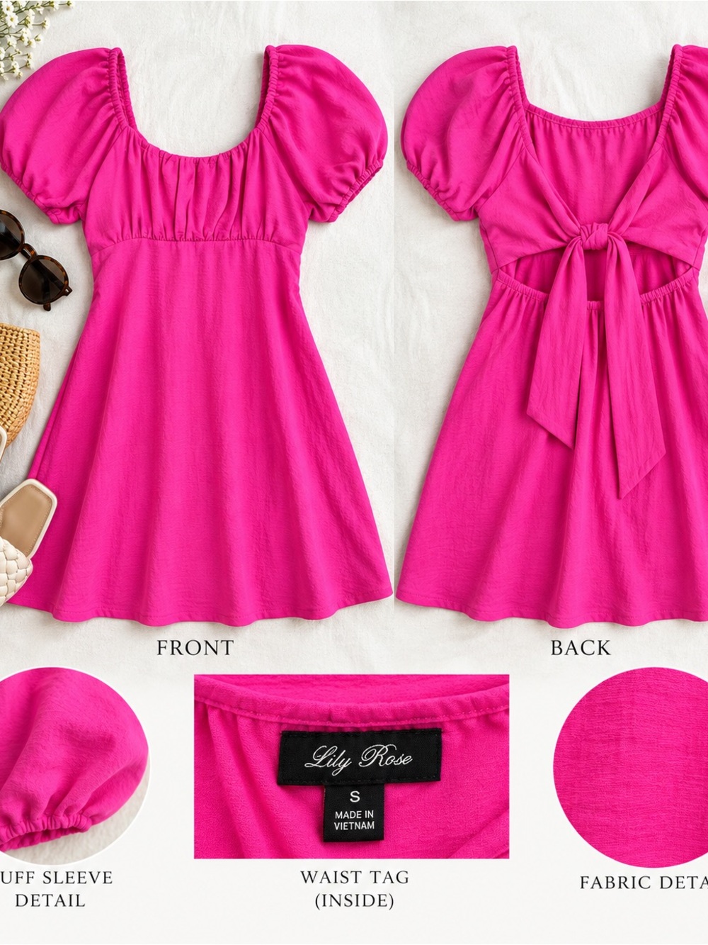 Lily Rose Hot Pink Puff Sleeve Open Back Mini Dress – Size Small
